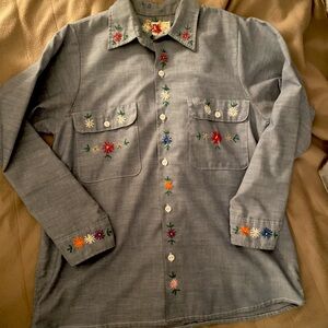 Vintage Hand Embroidered Shirt Button Down Long Sleeve